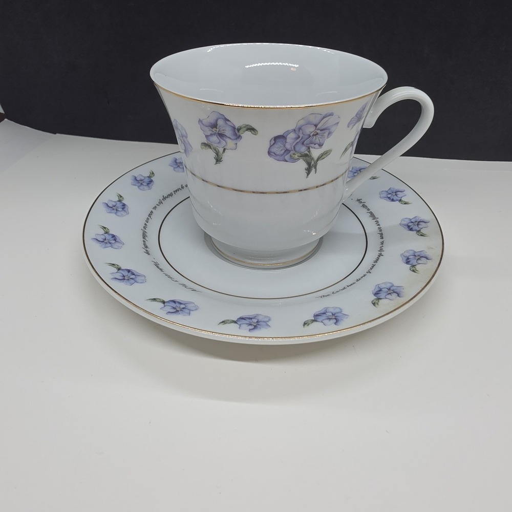 DaySpring Purple Lilac Flowers Cup and Saucer Psalm 126.3 Sloam Springs Arkansas